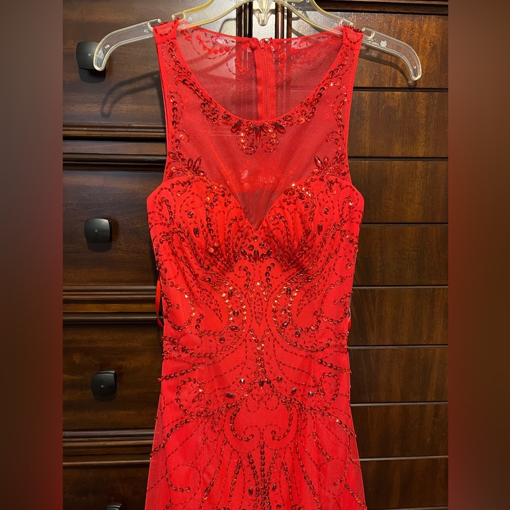 Red beaded Sean Collections prom dress